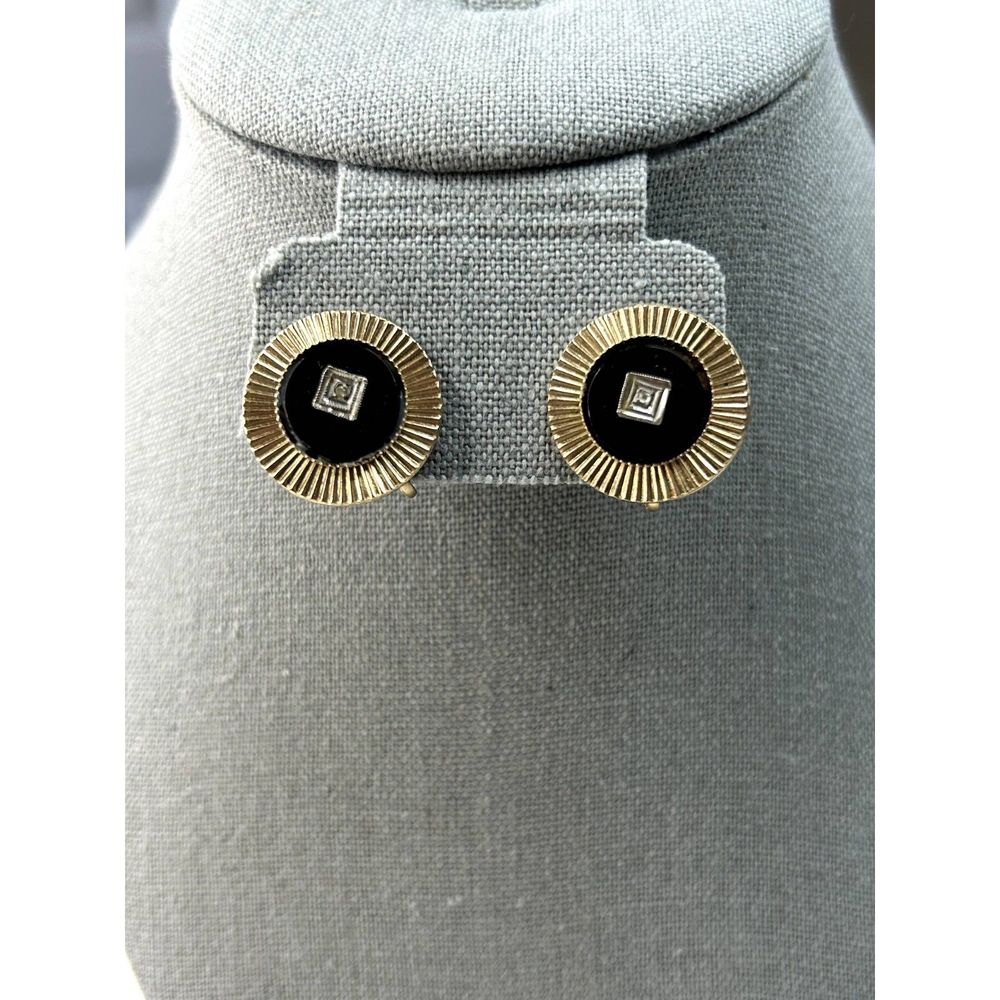 Vintage Coro Round Gold Tone Faux Onyx and Clear Stone Clip On Earrings